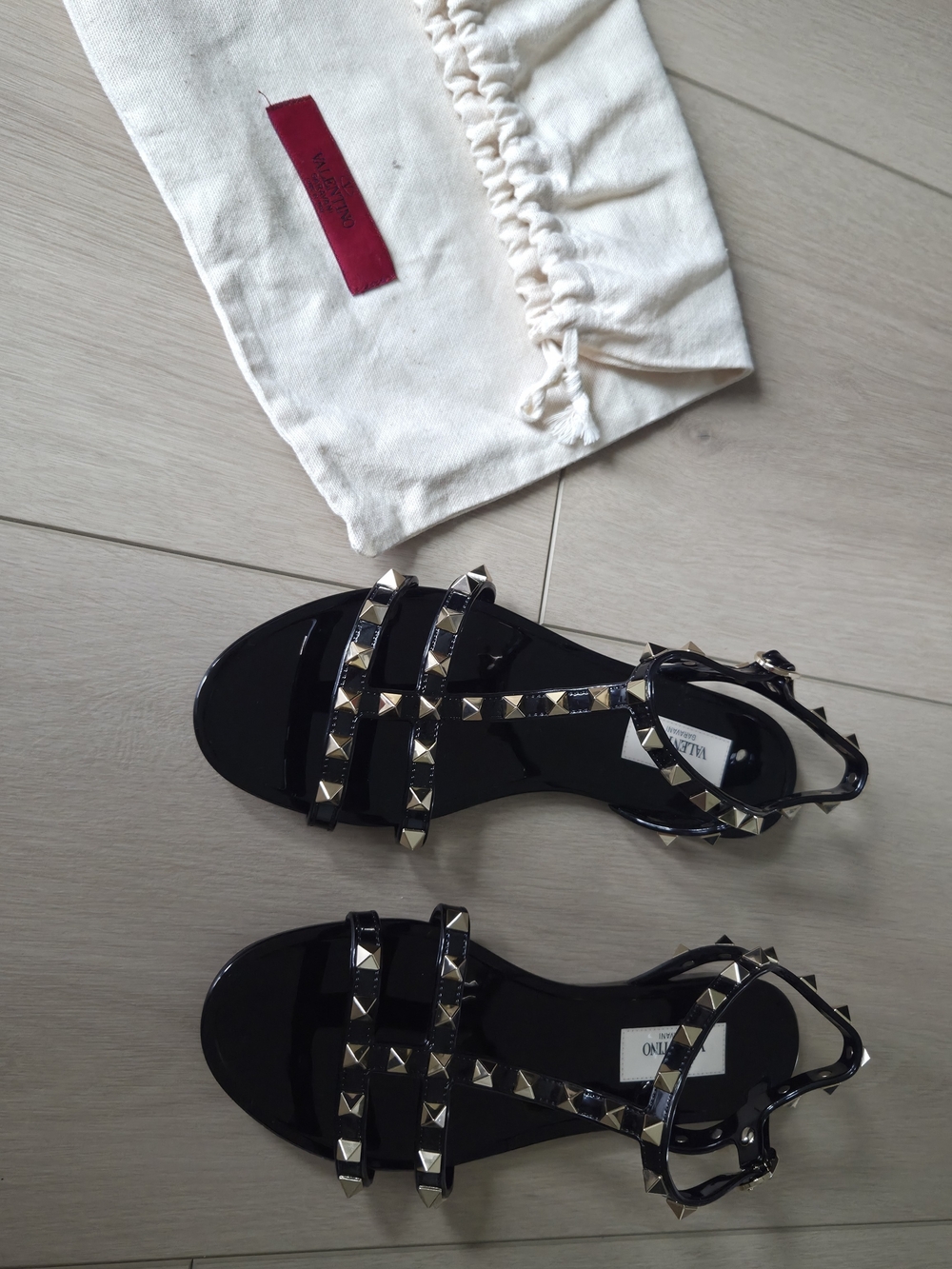 Authentic Valentino Garavani Black Patent Sandals with Gold Stud Accents